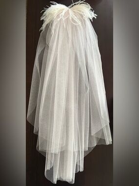 Custom Design - Pale Pink Layered Fingertip Length Veil with Ostrich Feather